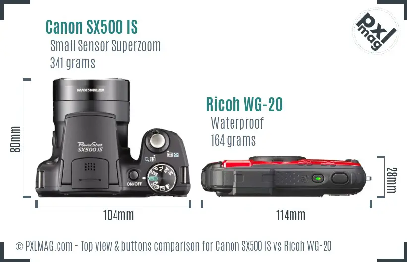 Canon SX500 IS vs Ricoh WG-20 top view buttons comparison