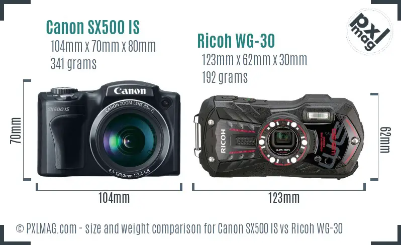 Canon SX500 IS vs Ricoh WG-30 size comparison