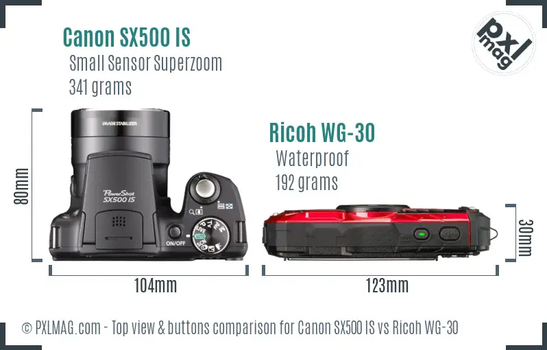 Canon SX500 IS vs Ricoh WG-30 top view buttons comparison
