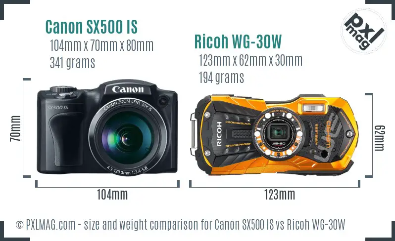 Canon SX500 IS vs Ricoh WG-30W size comparison