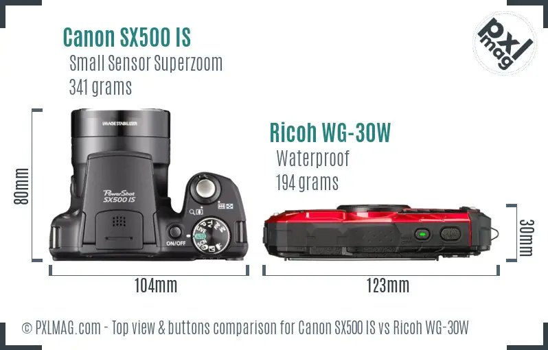 Canon SX500 IS vs Ricoh WG-30W top view buttons comparison