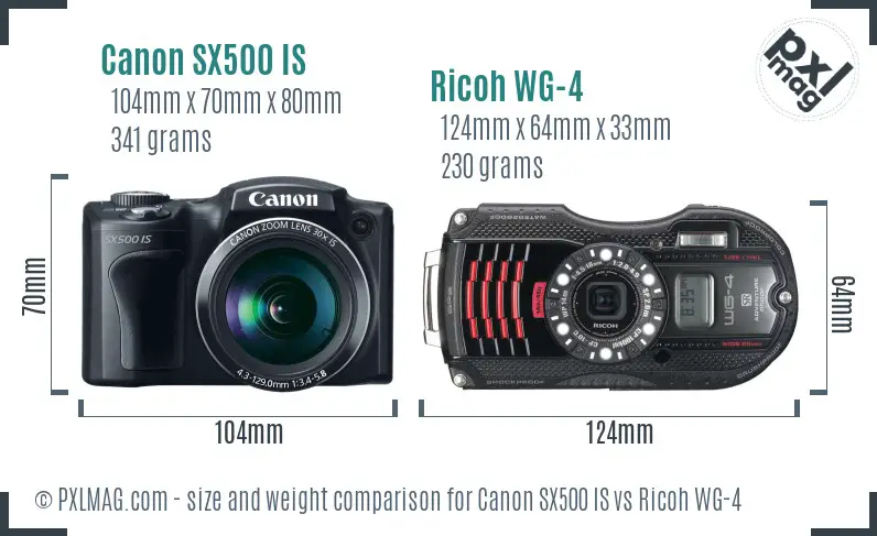 Canon SX500 IS vs Ricoh WG-4 size comparison