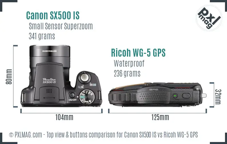 Canon SX500 IS vs Ricoh WG-5 GPS top view buttons comparison Canon SX500 IS vs Ricoh WG-5 GPS top view buttons comparison