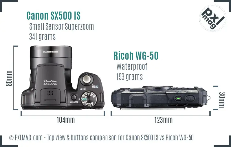 Canon SX500 IS vs Ricoh WG-50 top view buttons comparison Canon SX500 IS vs Ricoh WG-50 top view buttons comparison