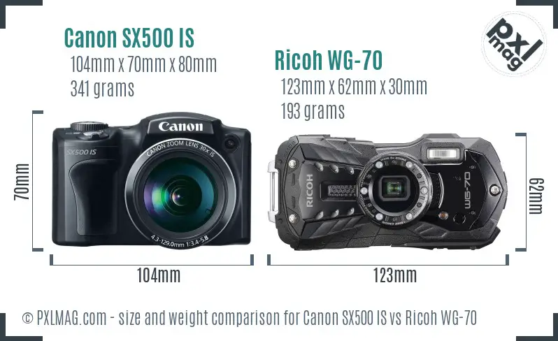 Canon SX500 IS vs Ricoh WG-70 size comparison