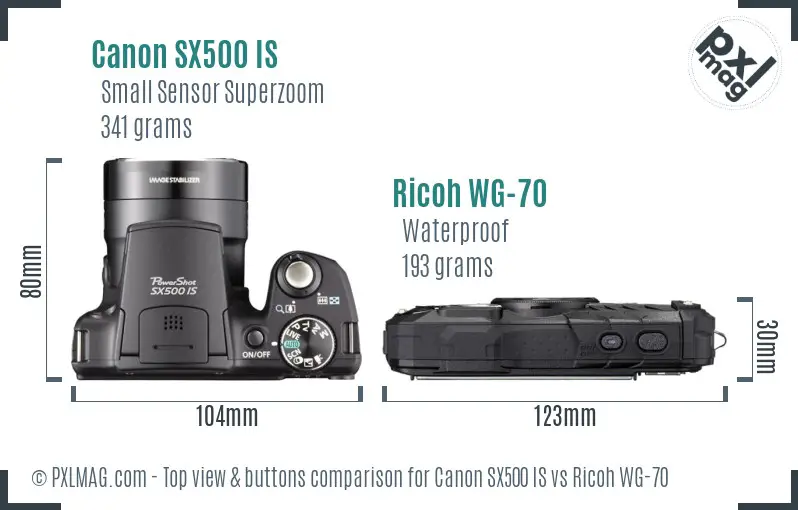 Canon SX500 IS vs Ricoh WG-70 top view buttons comparison