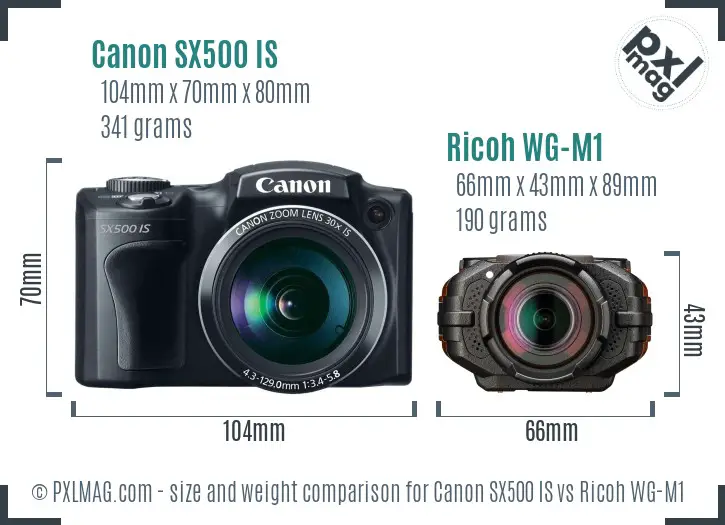 Canon SX500 IS vs Ricoh WG-M1 size comparison