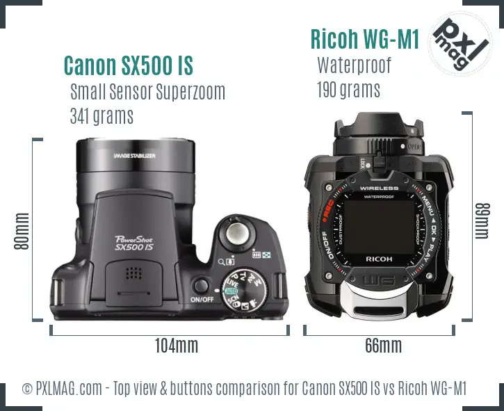 Canon SX500 IS vs Ricoh WG-M1 top view buttons comparison