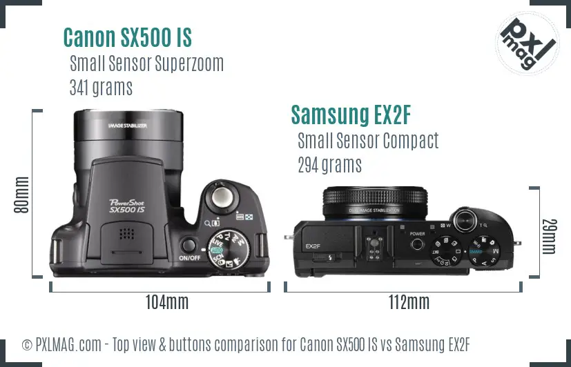 Canon SX500 IS vs Samsung EX2F top view buttons comparison