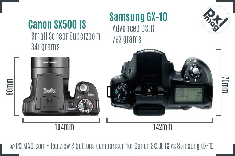 Canon SX500 IS vs Samsung GX-10 top view buttons comparison Canon SX500 IS vs Samsung GX-10 top view buttons comparison