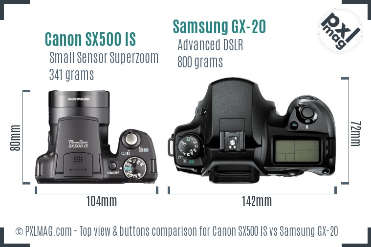 Canon SX500 IS vs Samsung GX-20 top view buttons comparison