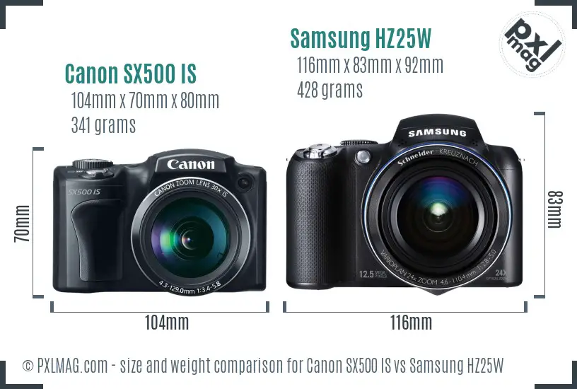 Canon SX500 IS vs Samsung HZ25W size comparison
