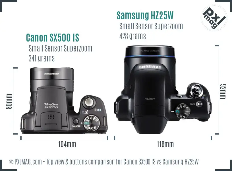 Canon SX500 IS vs Samsung HZ25W top view buttons comparison