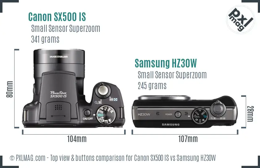 Canon SX500 IS vs Samsung HZ30W top view buttons comparison
