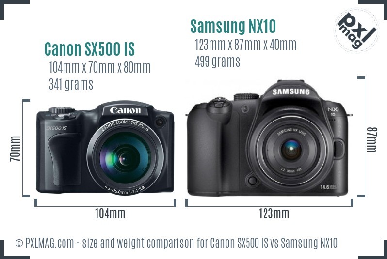 Canon SX500 IS vs Samsung NX10 size comparison