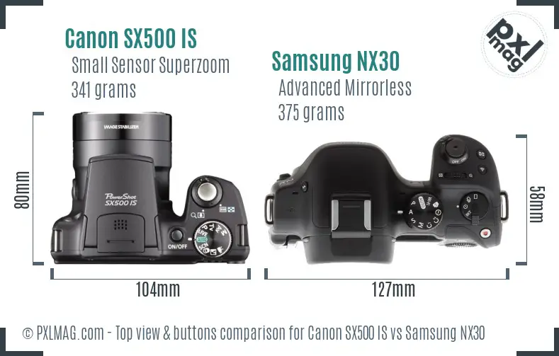 Canon SX500 IS vs Samsung NX30 top view buttons comparison