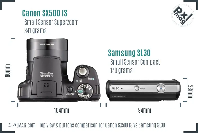 Canon SX500 IS vs Samsung SL30 top view buttons comparison Canon SX500 IS vs Samsung SL30 top view buttons comparison