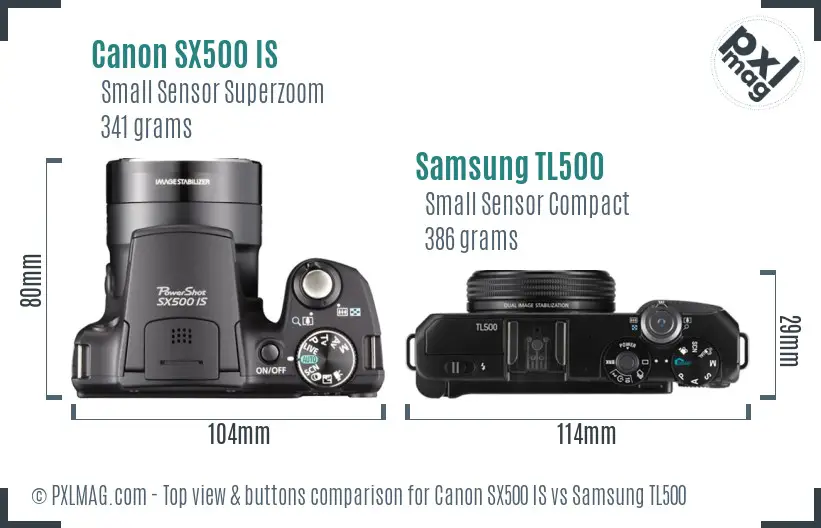 Canon SX500 IS vs Samsung TL500 top view buttons comparison