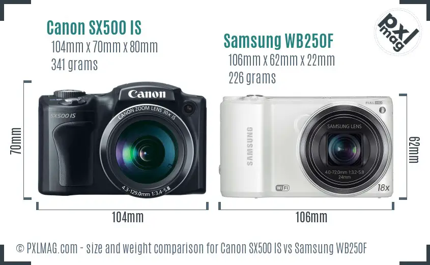 Canon SX500 IS vs Samsung WB250F size comparison