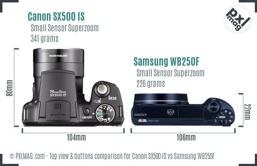 Canon SX500 IS vs Samsung WB250F top view buttons comparison