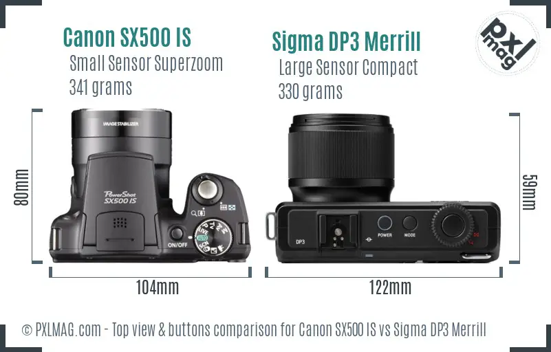 Canon SX500 IS vs Sigma DP3 Merrill top view buttons comparison Canon SX500 IS vs Sigma DP3 Merrill top view buttons comparison