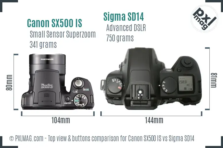 Canon SX500 IS vs Sigma SD14 top view buttons comparison