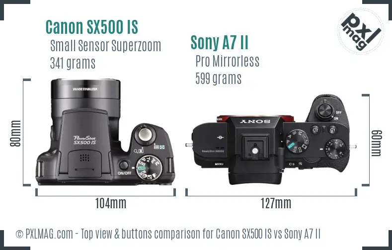 Canon SX500 IS vs Sony A7 II top view buttons comparison