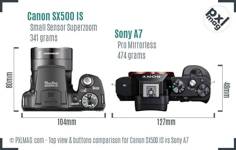 Canon SX500 IS vs Sony A7 top view buttons comparison