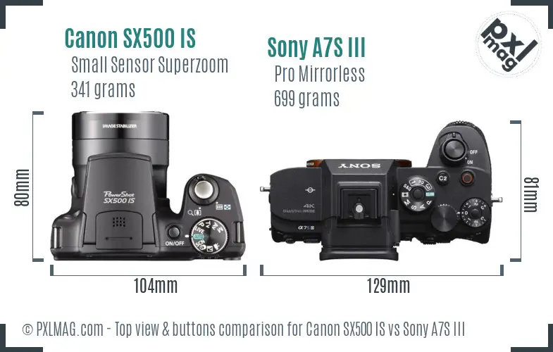 Canon SX500 IS vs Sony A7S III top view buttons comparison