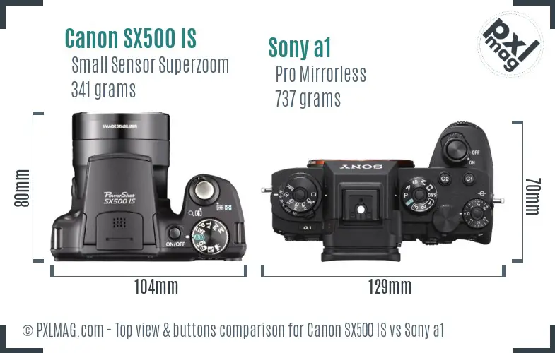 Canon SX500 IS vs Sony a1 top view buttons comparison