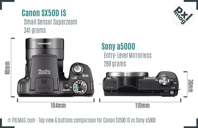Canon SX500 IS vs Sony a5000 top view buttons comparison Canon SX500 IS vs Sony a5000 top view buttons comparison