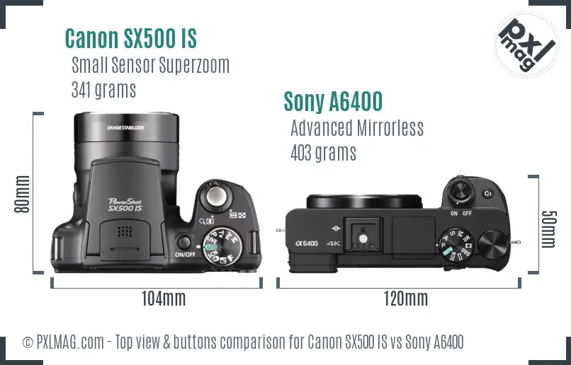 Canon SX500 IS vs Sony A6400 top view buttons comparison