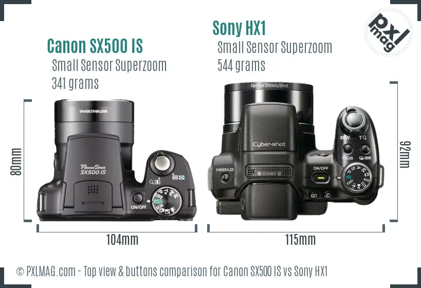 Canon SX500 IS vs Sony HX1 top view buttons comparison Canon SX500 IS vs Sony HX1 top view buttons comparison