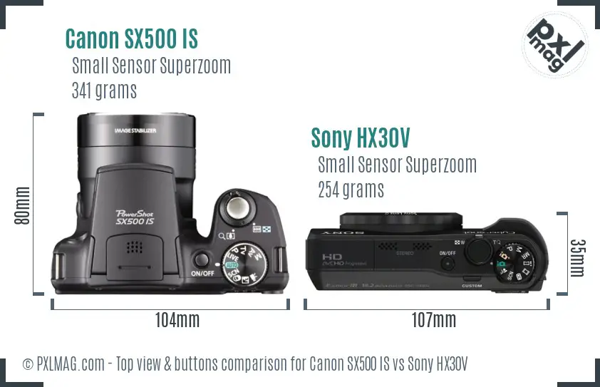 Canon SX500 IS vs Sony HX30V top view buttons comparison
