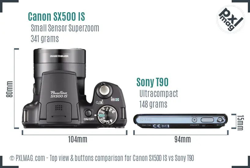 Canon SX500 IS vs Sony T90 top view buttons comparison