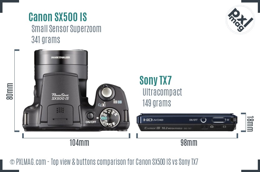Canon SX500 IS vs Sony TX7 top view buttons comparison