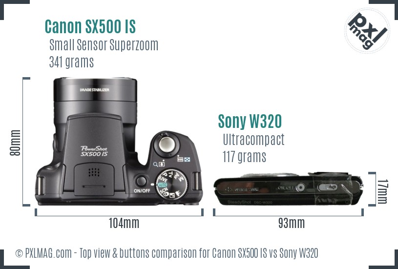 Canon SX500 IS vs Sony W320 top view buttons comparison