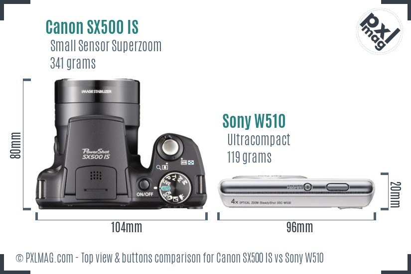 Canon SX500 IS vs Sony W510 top view buttons comparison