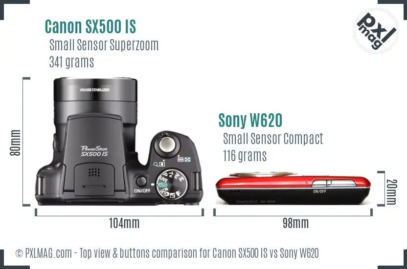 Canon SX500 IS vs Sony W620 top view buttons comparison Canon SX500 IS vs Sony W620 top view buttons comparison