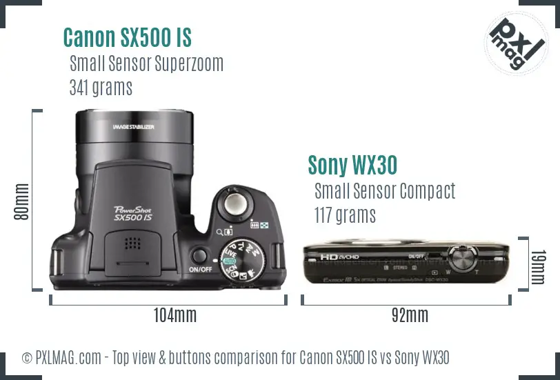 Canon SX500 IS vs Sony WX30 top view buttons comparison