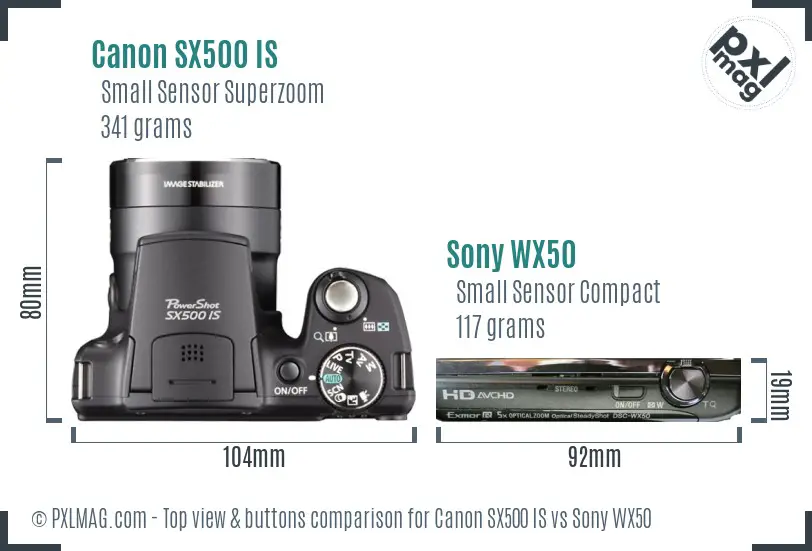 Canon SX500 IS vs Sony WX50 top view buttons comparison