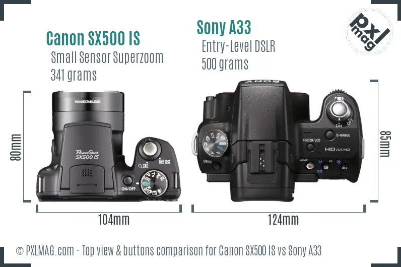 Canon SX500 IS vs Sony A33 top view buttons comparison Canon SX500 IS vs Sony A33 top view buttons comparison