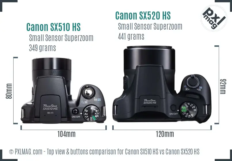 Canon SX510 HS vs Canon SX520 HS top view buttons comparison