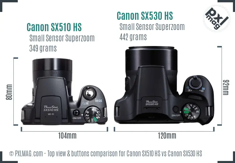 Canon SX510 HS vs Canon SX530 HS top view buttons comparison
