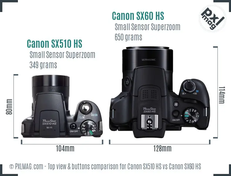 Canon SX510 HS vs Canon SX60 HS top view buttons comparison