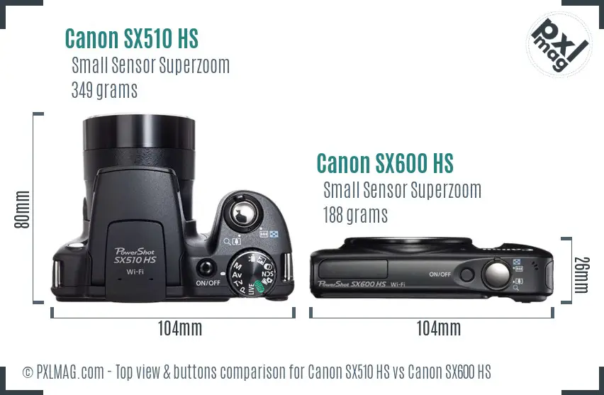 Canon SX510 HS vs Canon SX600 HS top view buttons comparison