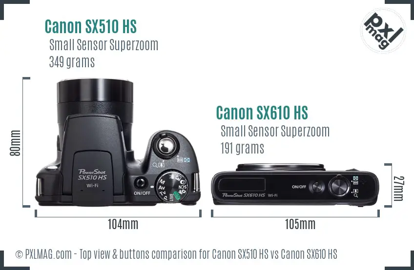 Canon SX510 HS vs Canon SX610 HS top view buttons comparison