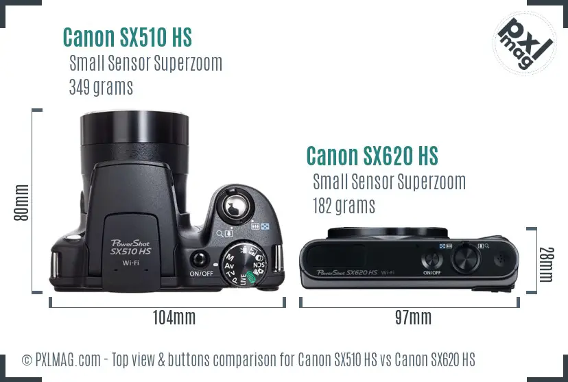 Canon SX510 HS vs Canon SX620 HS top view buttons comparison