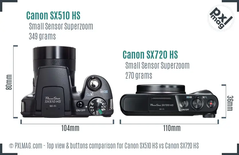 Canon SX510 HS vs Canon SX720 HS top view buttons comparison
