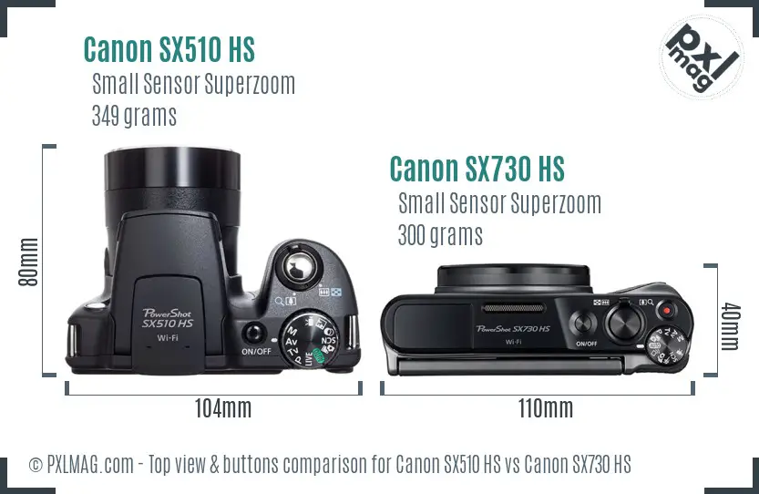 Canon SX510 HS vs Canon SX730 HS top view buttons comparison